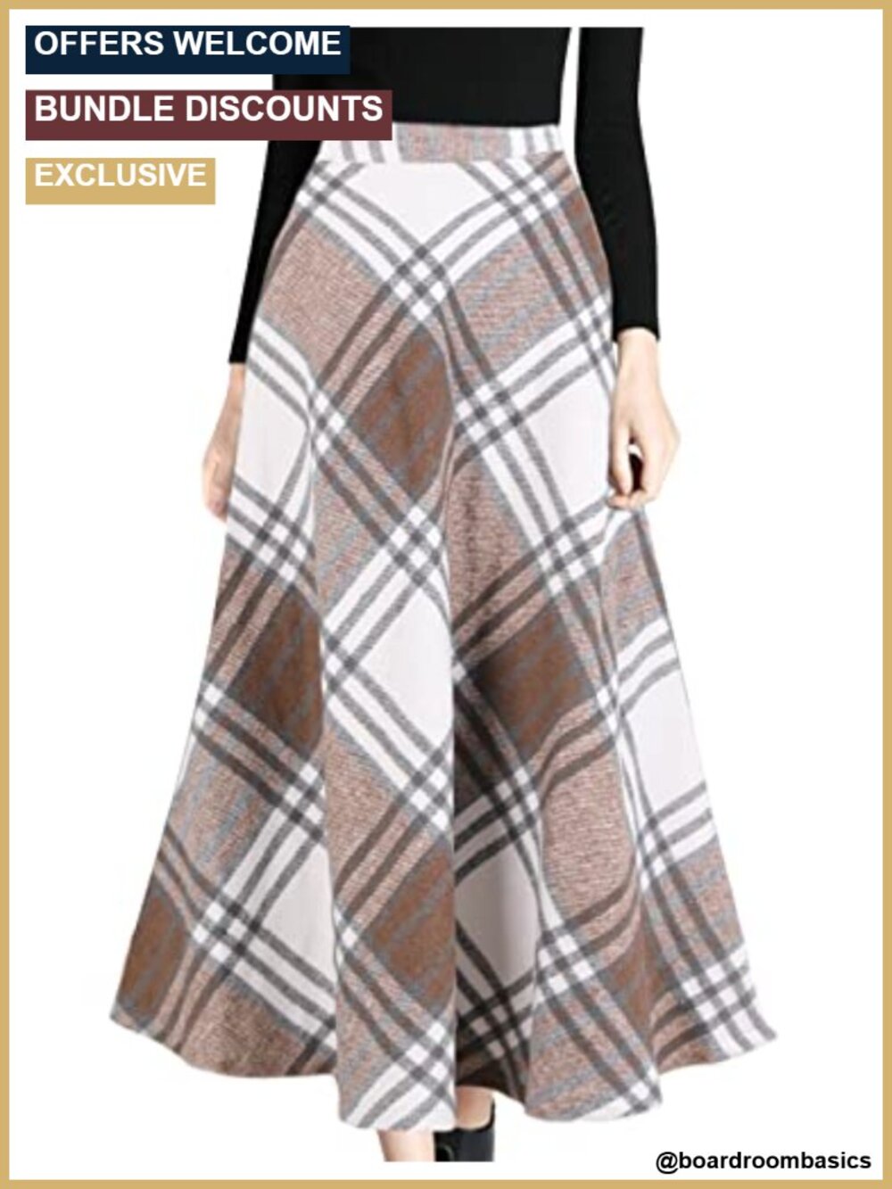 Wool Blend Plaid A-Line Midi Skirt High Waist Pleated with Pockets